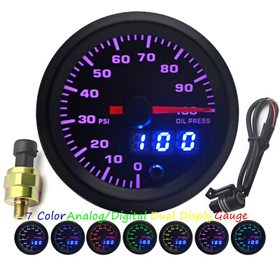 7 Color 52mm Oil Pressure Gauge 0-100 Psi+Sensor Analog/Digital Dual Disply Auto