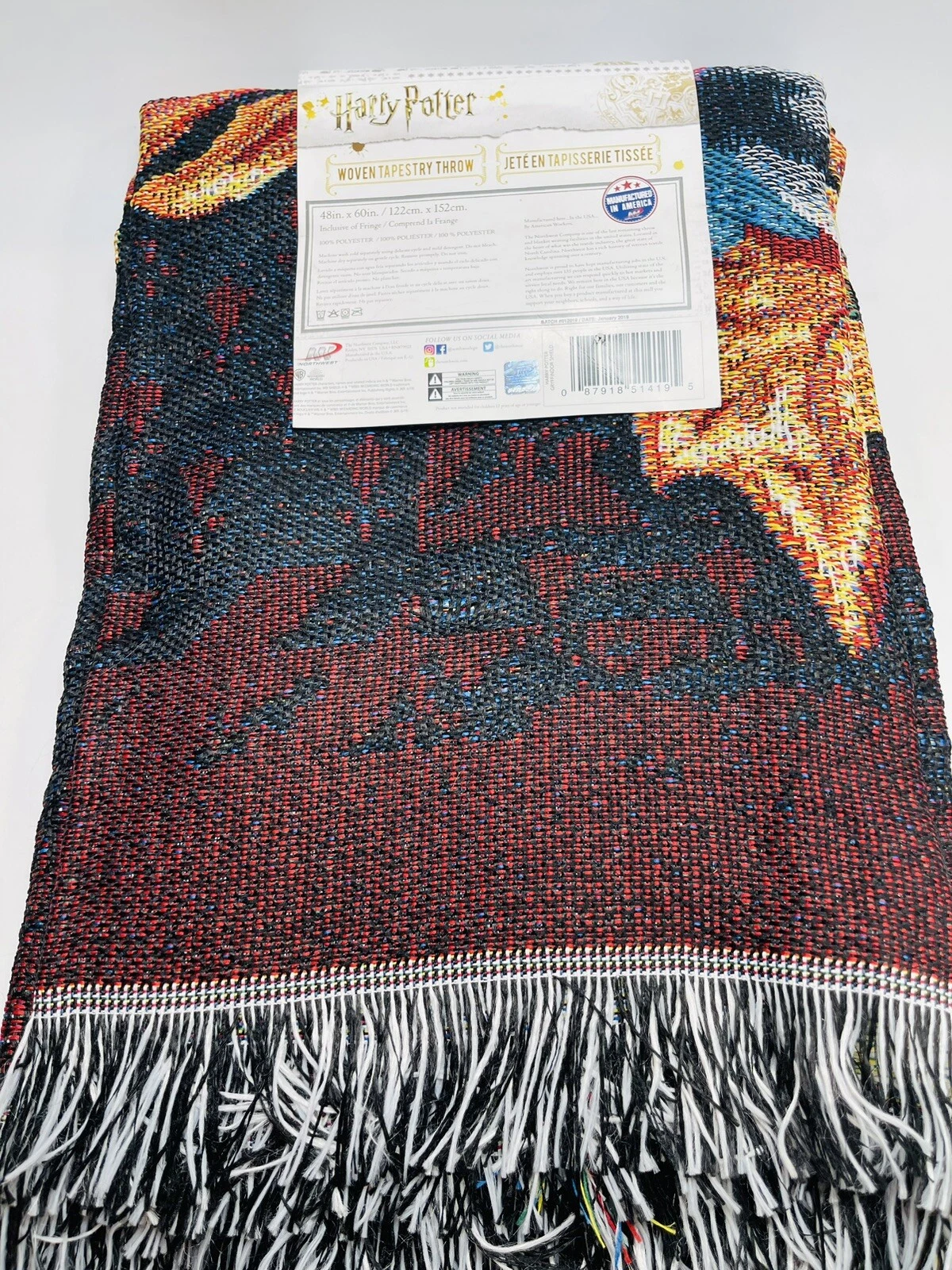 Harry Potter Gryffindor Shield Woven Tapestry Throw Blanket Northwest 48x60 NEW