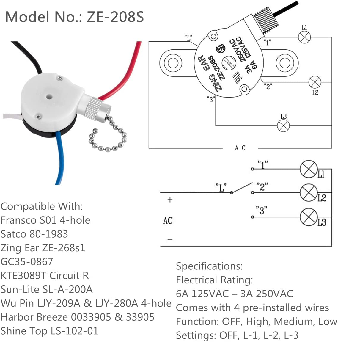 Ceiling Fan Switch Zing Ear Ze-208S E89885 3 Speed 4 Wire Fan Switch Pull  Chain 313041179148 | Ebay