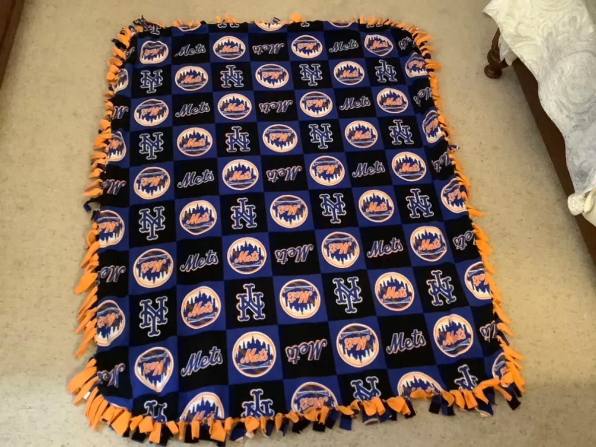 Vintage New York Mets Fleece Blanket Orange Fringe binding 67 x52