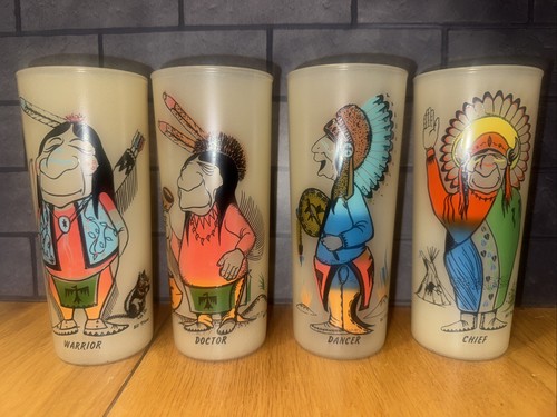 Vtg 4 Bill Lores Flores Native American Dancer Warrior Chief  Dr. Glass Tumblers - Picture 1 of 11