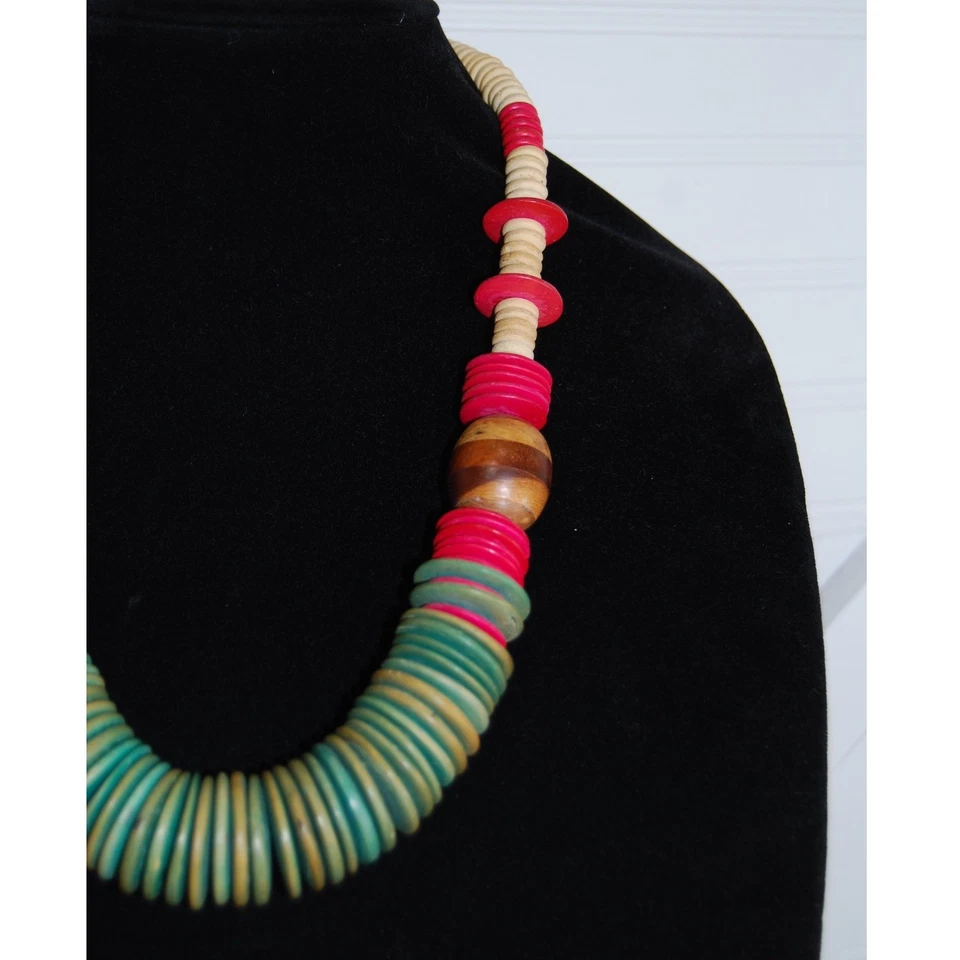 Vintage Necklace Chunky Wooden Multicolor disk beads Boho Hippie jewelry - Image 3 of 4