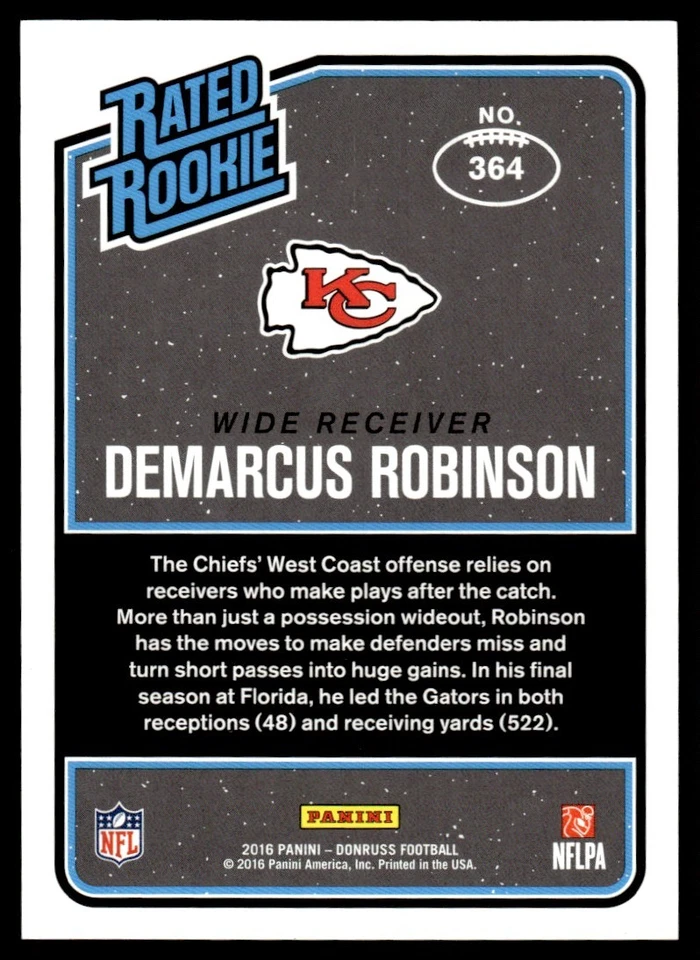 2016 Donruss Stat Line Demarcus Robinson RC /48 Kansas City Chiefs #364 - Image 2 of 2