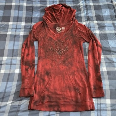 AFFLICTION Women's S Long Sleeve T-Shirt Tye Dye Rhinestones Wings Cross Hoodie