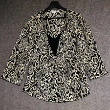 Cato Woman Top Womens 18/20W Black Beige Swirl Print V Neck Ring Accent Blouse