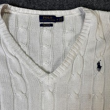 Polo Ralph Lauren Cable Knit V Neck Sweater Bone White Cream Cotton Women's M