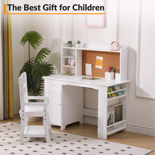 Kids Desk and Chair Set, Wooden Children Study Table with Storage Shelves