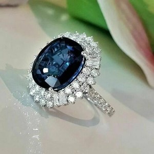 Authentic Lab Created 4CT Oval Blue Sapphire Halo Engagement Ring 14K White Gold Plated