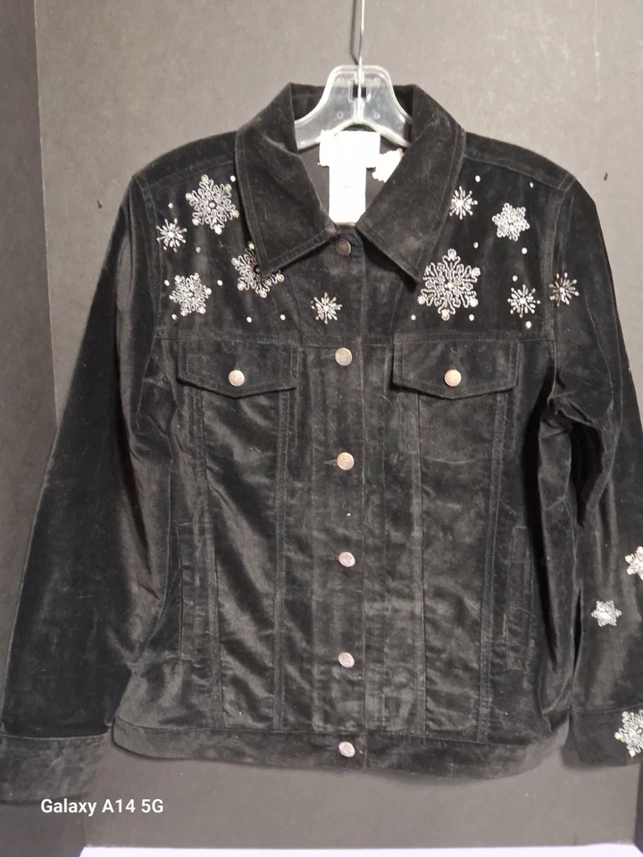 Quacker Factory Women XS Black Cotele Button Front Jacket W/Christmas Design - Image 2 of 4