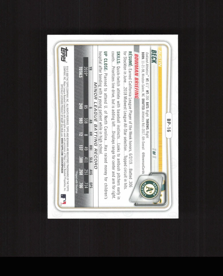 2020 Bowman #BP-16 Austin Beck ROOKIE CARD Oakland Athletics - Image 2 of 2