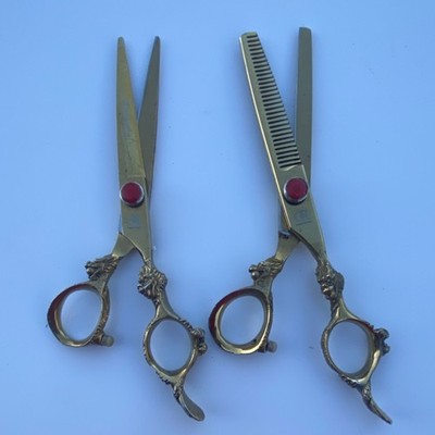 Hand Made Gold Salon Styling & Thinning Scissors Shears Set 6.0 in Leaf Handle