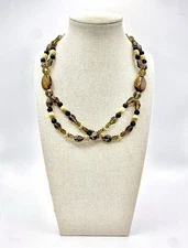 Vintage Tiger Eye Lava Rock Agate Necklace Gold Tone Beads Twisted Double Strand