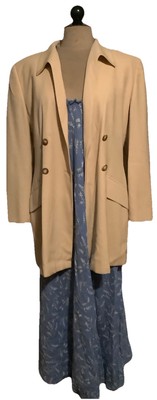 ESCADA Wool Long Blazer Suit Jacket Vintage Camel Tan Print Lined Sz 42 L-XL