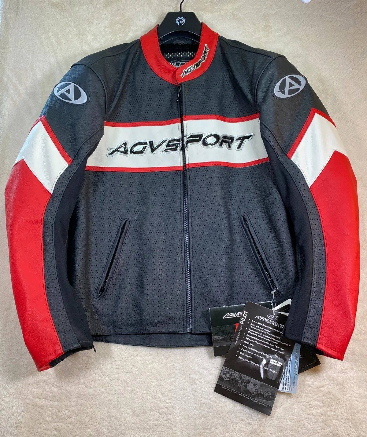 AGV Sport Pilot Vented Leather Motorcycle Jacket Size 46 Black Red Armored NWT image 1