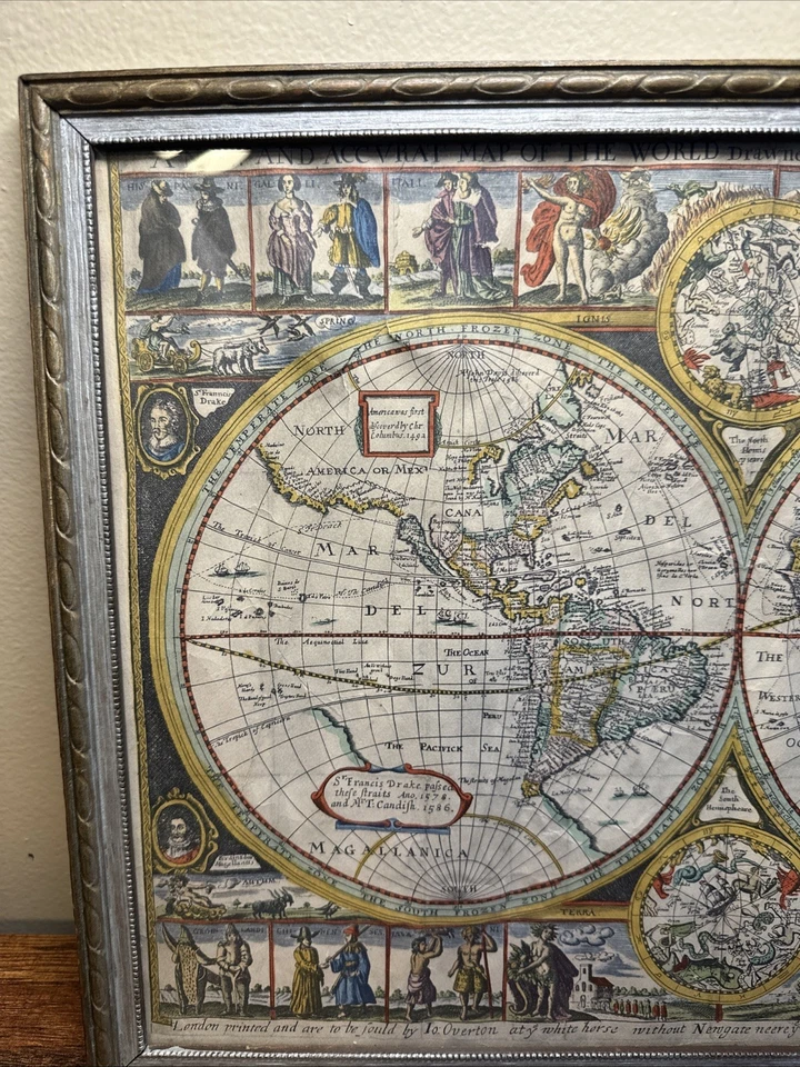 ANTIQUE WORLD MAP SIGNED OVERTON LONDON 1670 COLORED PRINT VINTAGE 17” x 13” - Image 2 of 4