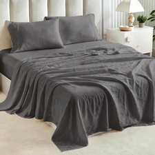 Queen Sheet Set 4 Piece, Super Soft Washed Cotton-Linen Feel Microfiber, 16" ...