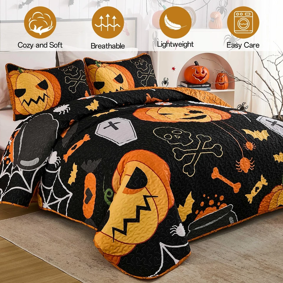 Juego de colcha de Halloween tamaño queen calavera calabaza negro naranja tema colcha Hol... Foto 2 de 4