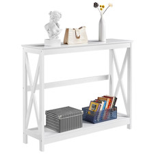2-Tier X Design Wood Console Table with Shelf for Entryway Living Room White