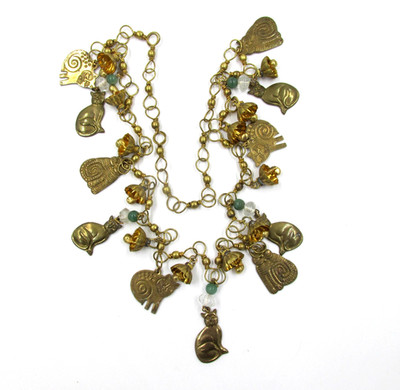 Vintage Early Laurel Burch Cat Charm Beaded Necklace Gold Tone 1970s - 80s