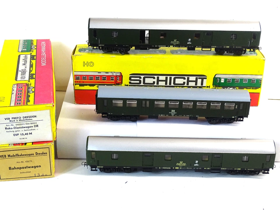 Piko Prefo Schicht H0 2x Bahnpostwagen 1x Rekro Dienstwagen DR DDR OVP Set G20