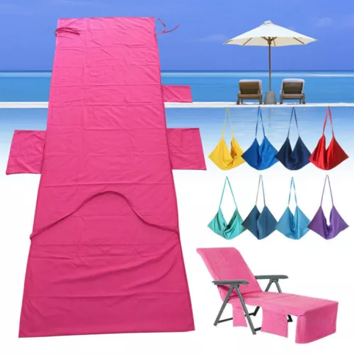 Beach Chair Cover Microfiber Holiday Sunbed Lounge Towel Cover Storage Pockets - Picture 1 of 12