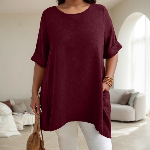 Womens Round Neck Solid Pullover Half Sleeve Tops Ladies Loose Tops T-shirts Tee - Picture 25 of 30