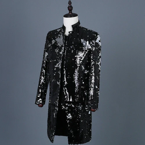 Men Reversible Two Tone Sequin Longline Jacket Suit Blazer Cabaret Carnival Tops - Picture 9 of 21