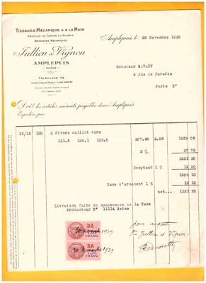 AMPLEPUIS (69) WEAVES / EMBROIDERY ''JULLIEN & WINEMAKER'' Invoice in 1939