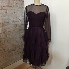Vintage Victor Costa 80's Cocktail Dress Purple Chiffon Long Sleeve Tiered XS