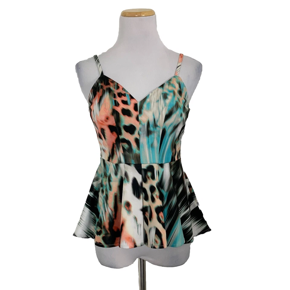 Camiseta sin mangas Bebe estampado animal peplum correa de espagueti para mujer S cami correa ajustable Foto 2 de 4