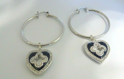 Marie Claire Hoop Earrings with Dangling Black Enamel Heart Swarovski  Crystals