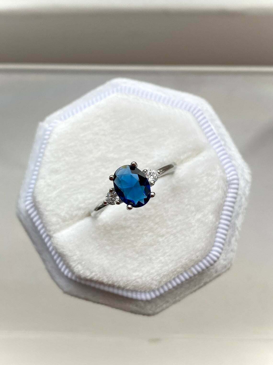 1Ct Simulated Sapphire Diamond Engagement Ring In 14K White Gold Plated Silver