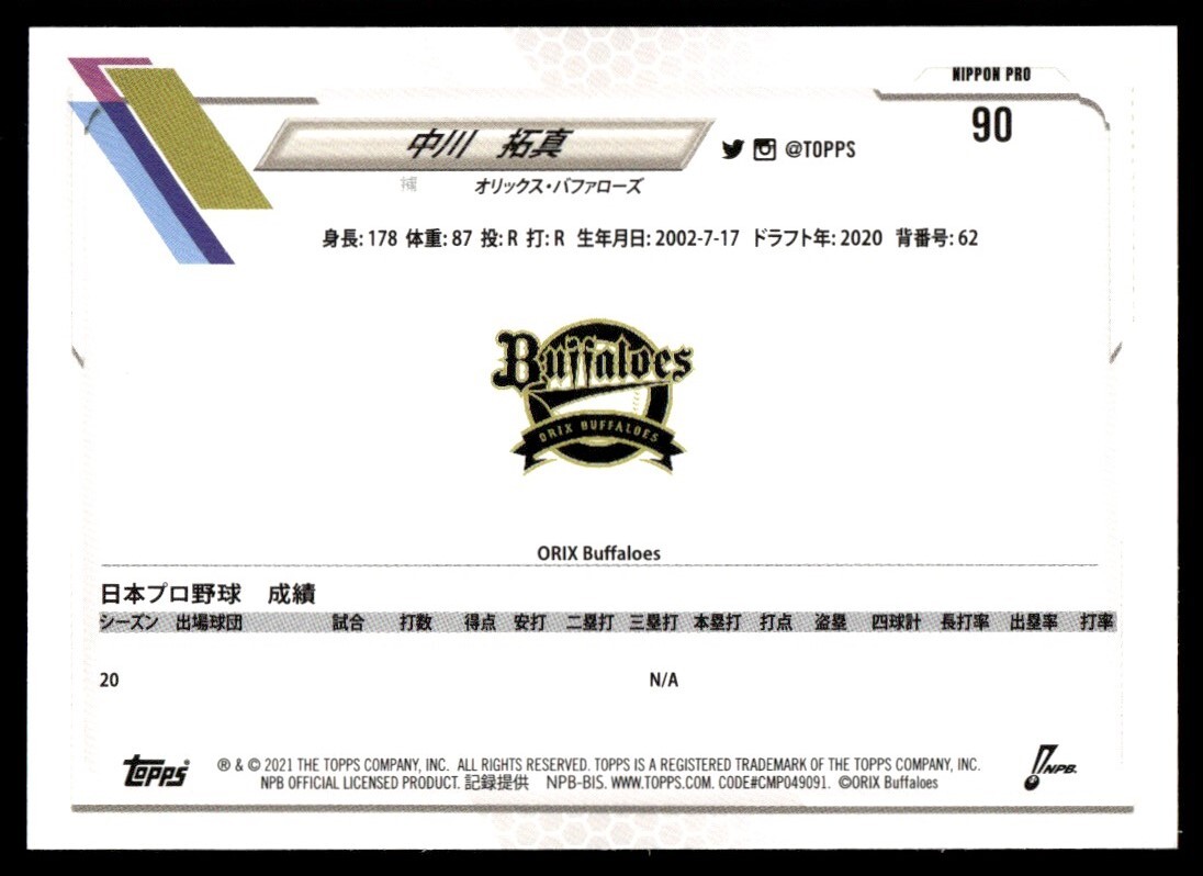 2021 Topps NPB Baseball Card Takuma Nakagawa RC Orix Buffaloes #90
