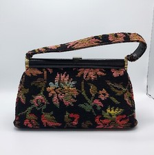 Vintage Carpet Bag JR Miami Black Floral Needlepoint Tapestry Handbag