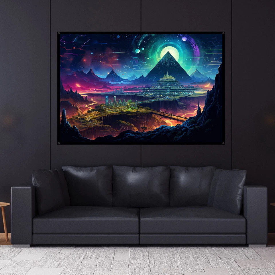 Future Atlantis, UV tapestry, Blacklight Reactive, Psychedelic Wall Hanging - Image 2 of 4