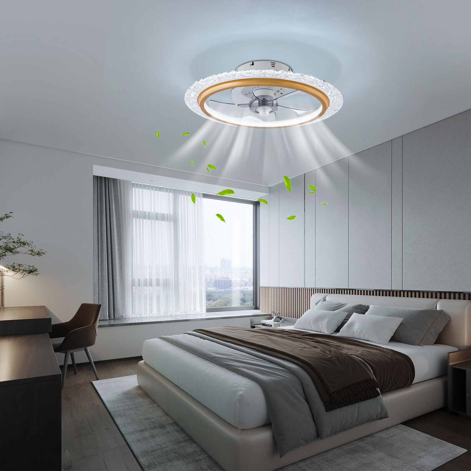 Modern Gold Ceiling Fan with Dimmable LED Lights and Remote 85-265V