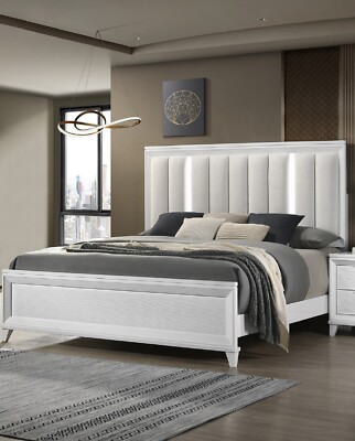 Contemporary 1Pc King Size Built in LED HB Fabric Upholstery Bed White Finish