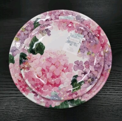 Shabby Chic 12 pc PINK HYDRANGEA DINNER SALAD PLATES round Melamine Easter NEW