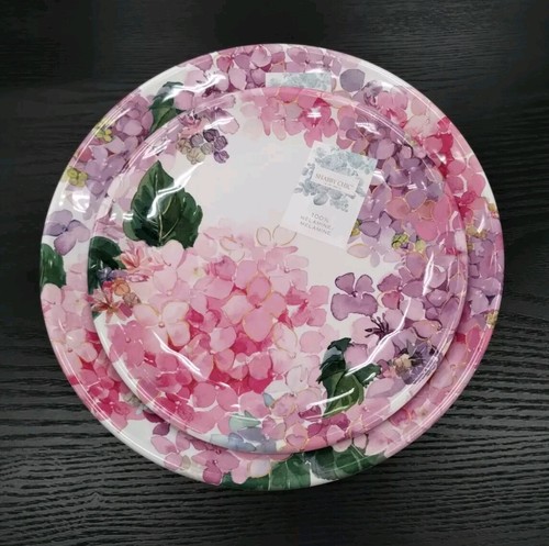 Shabby Chic 8 PINK HYDRANGEA DINNER PLATES round Melamine Gold Sparkle NEW 11" - Picture 2 of 4