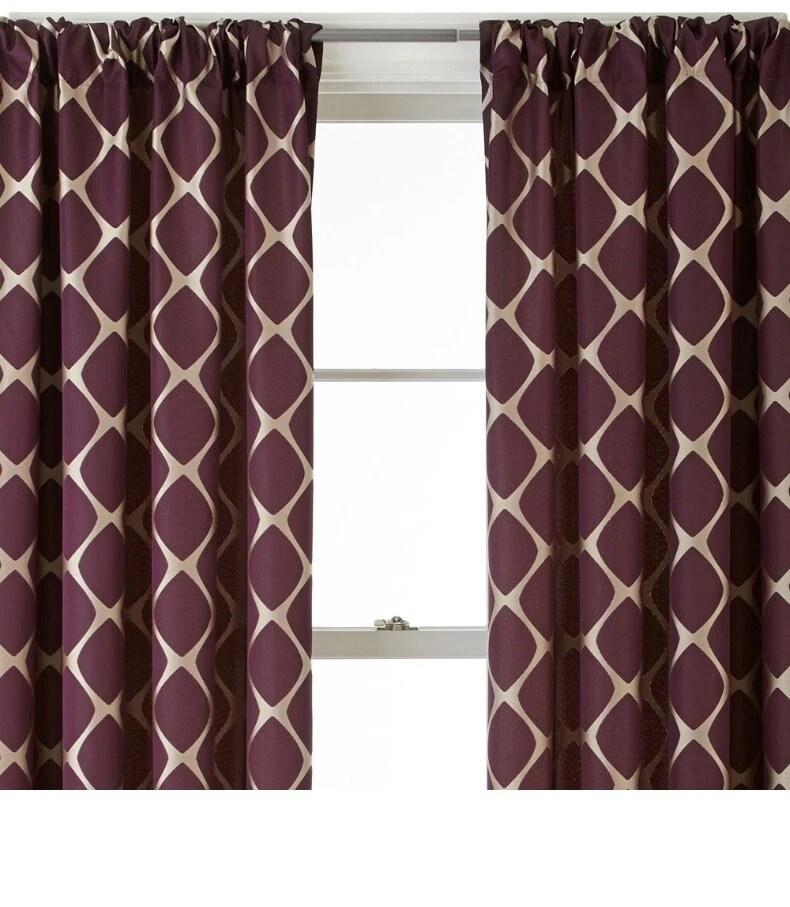 2 JCP Studio 50 X95 Rod Pocket Curtain Panels Twist Geometric Plum Prune Purple