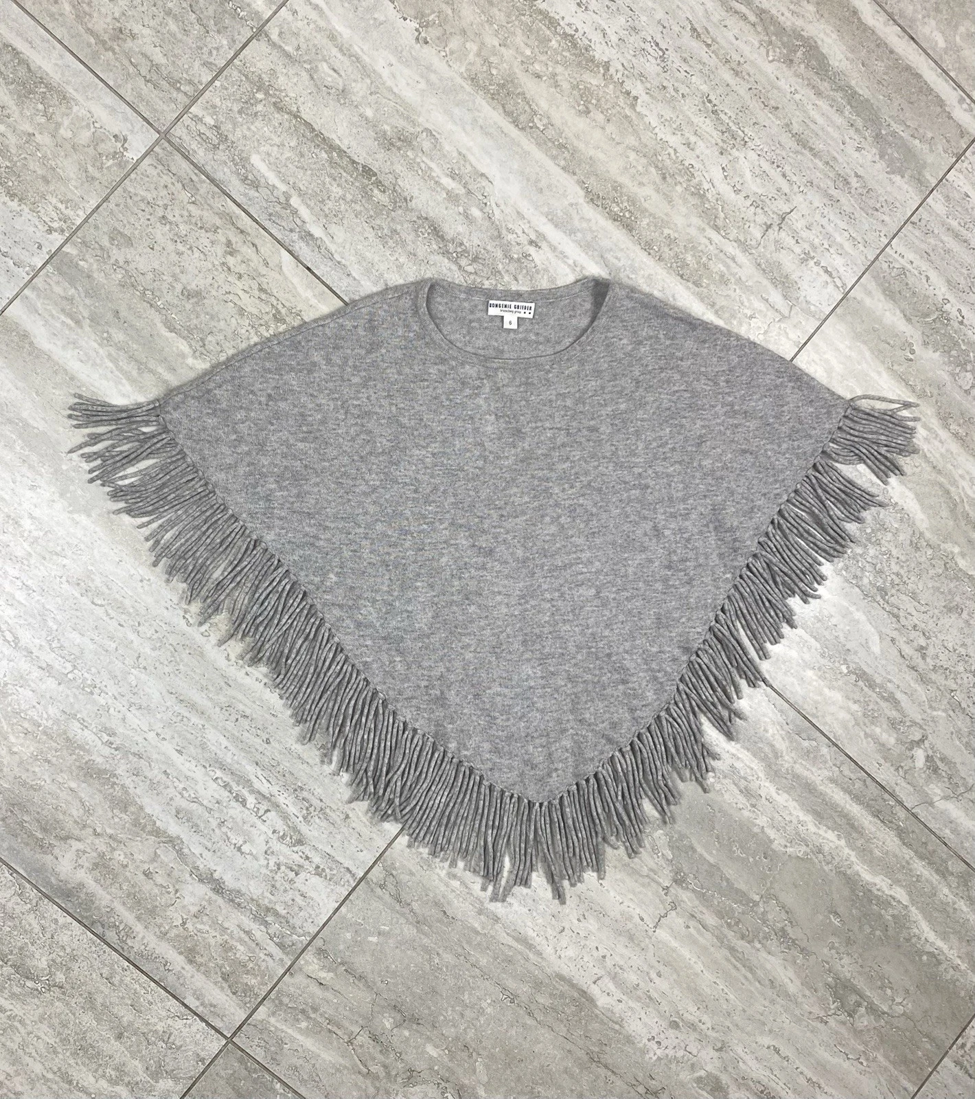 Bongenie Grieder 100% Cashmere Poncho Fringe Gray Knit Wrap Size 6