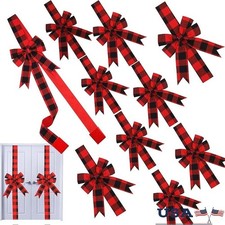 Buffalo Plaid Bows Set Christmas Decorations Hook Loop Fasteners 10 Pieces New