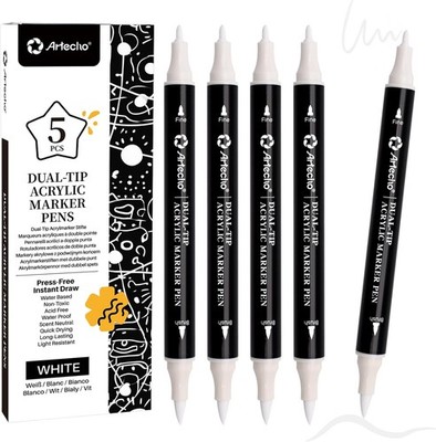 Acrylstifte 5 Weiß Farben, 0.5-5mm Wasserfester Dual Tip Marker (Pinsel und 