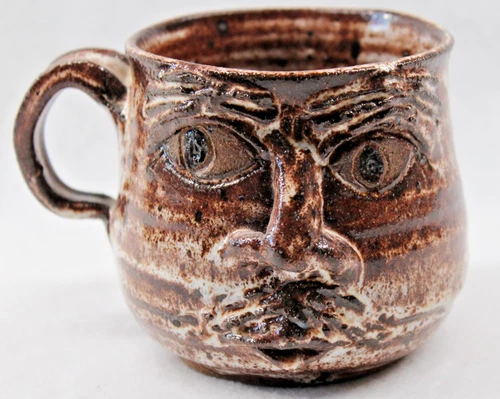 Handmade Stoneware Pottery Ugly Face Mug Vintage, Signed Brown glaze MCM 3-D