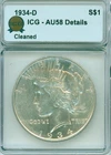 1934-D PEACE silver dollar - graded by ICG AU58 details (Cleaned)