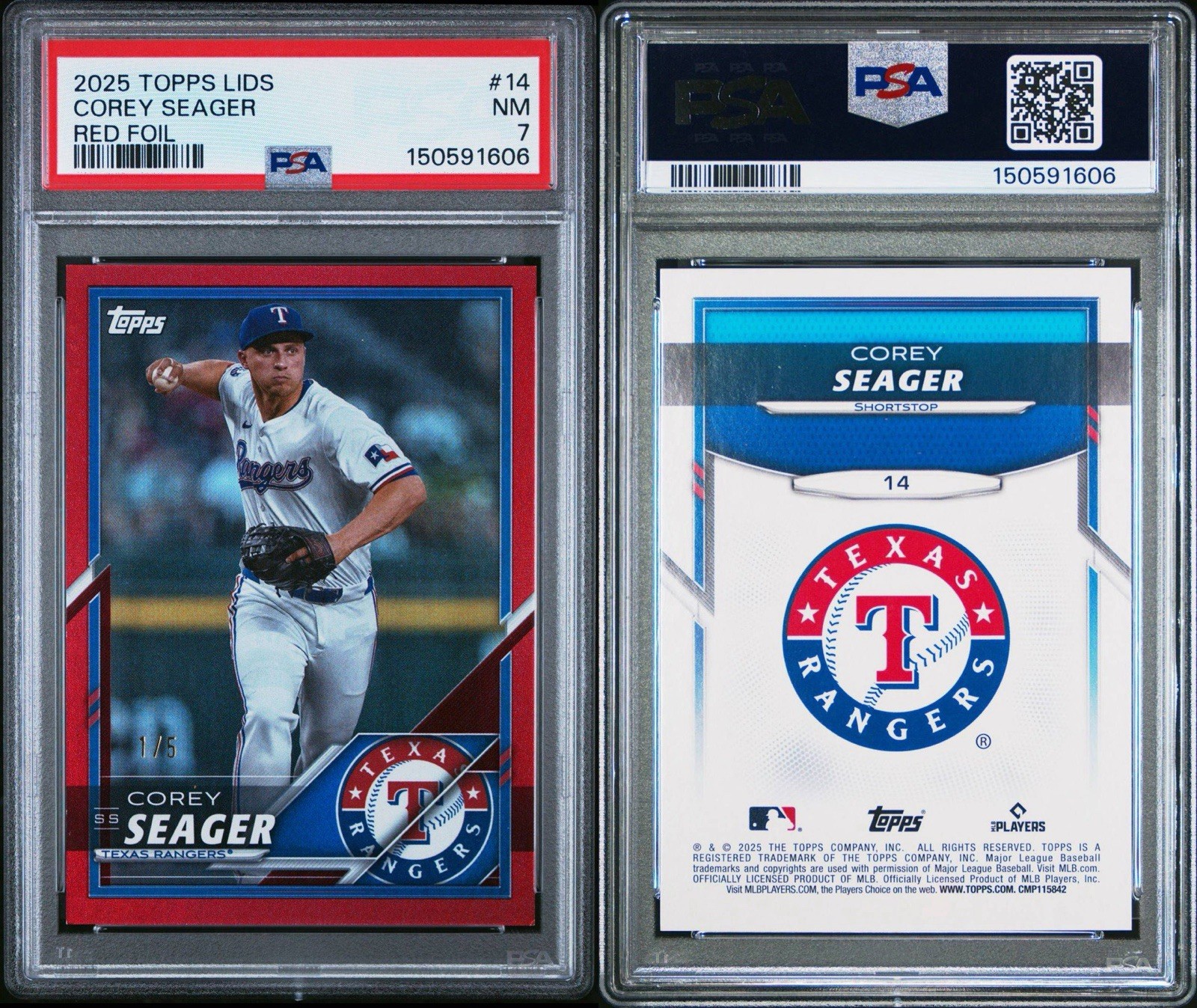 2025 Topps Lids Mitchell Ness  1/5 Red Refractor Corey Seager PSA 7 view 3