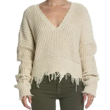 Elan Frayed Hem Edge V-Neck Chunky Knit Cropped Sweater Ivory size M