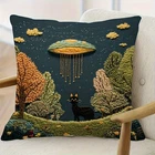 2D Cosmic UFO Throw Pillow Cover Black Cat Forest Cushion for Cozy Home Gift