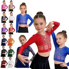 US Girls Rhinestone Lyrical Ballet Dance Crop Top Figure Skating Shirt Dancewear