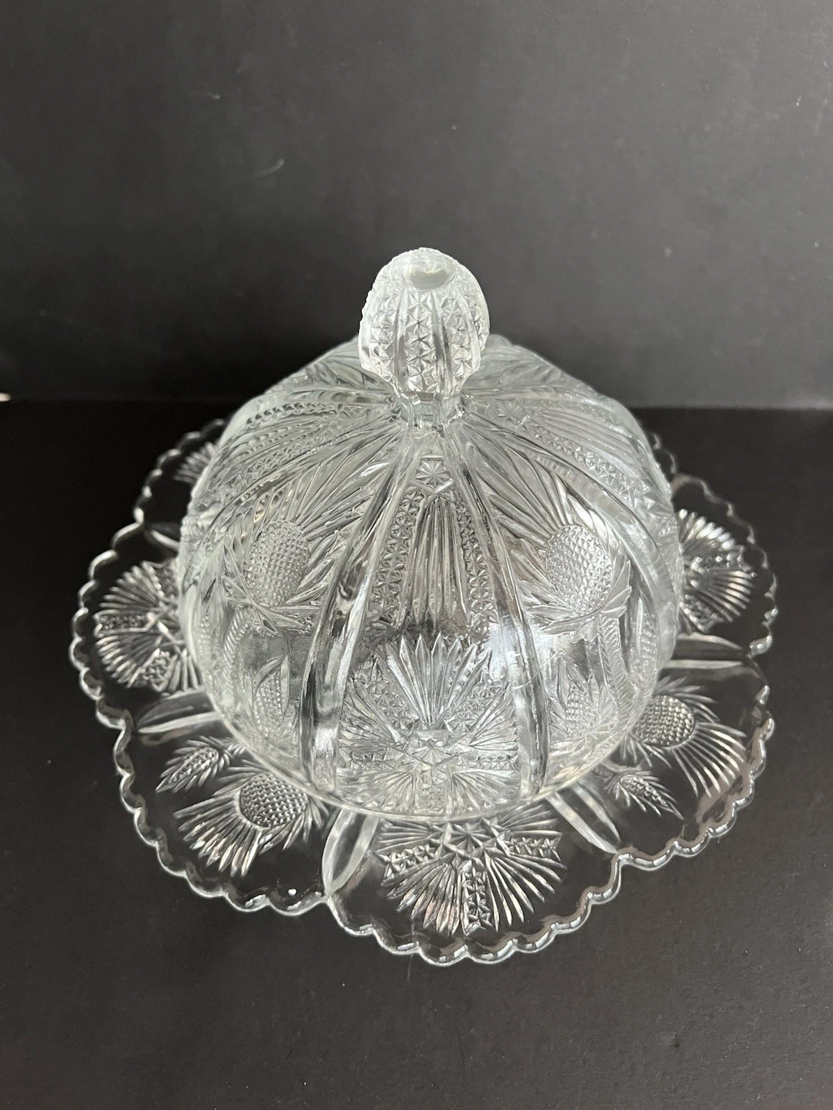 Antique Covered Butter Dish Thistle Star Pattern 8-Panel Pressed Glass Bee